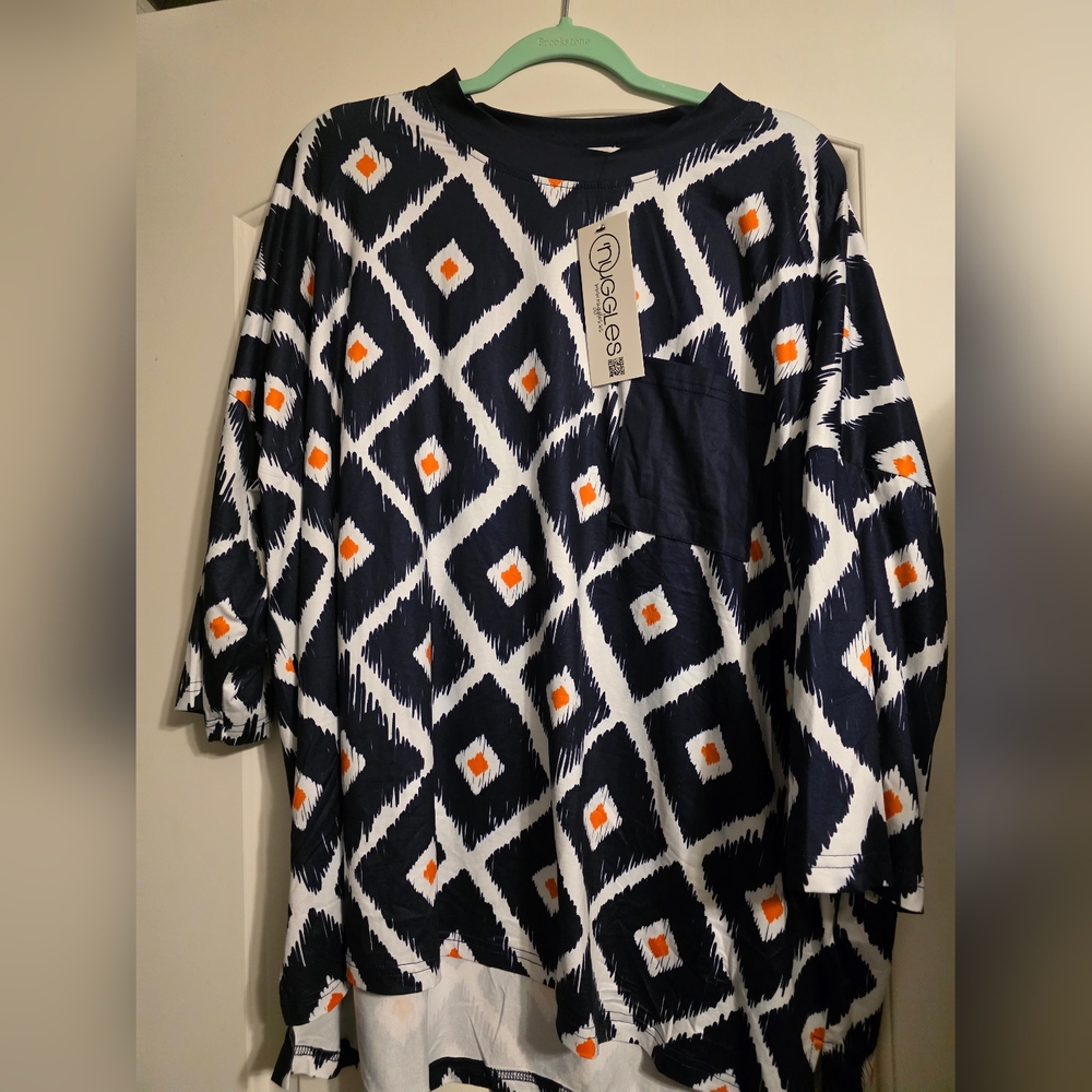 Nuggles Top. Brand New With Tags.Navy and Orange Geometric Patterned Top. 3x